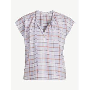 Free Assembly Blue + Brown White Plaid Short Sleeve Tie V Neck Blouse - XL